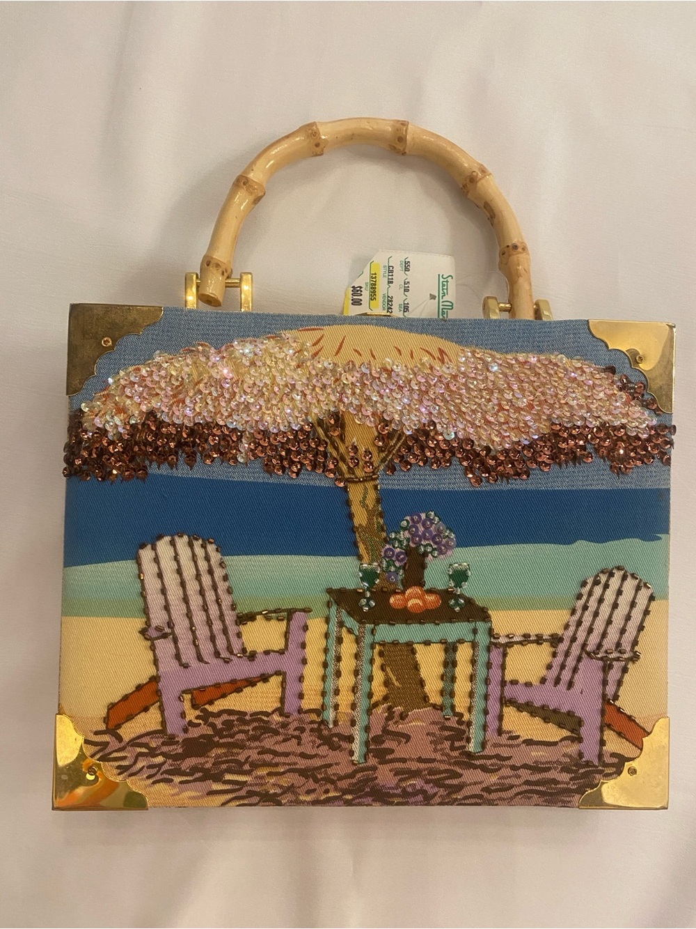 Cigar Box Sequin Beaded Embellished Beach Scene Handmade Bag Bamboo Handle NEW